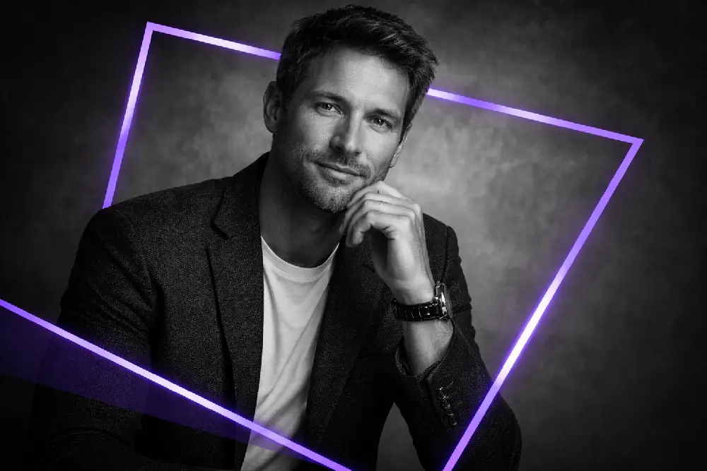 Monochrome creative portrait with purple frame for Vancouver website design page