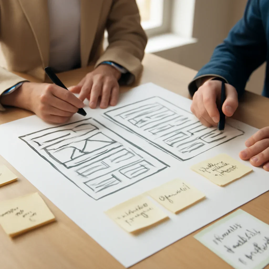 Planning session for alternative to template-based business websites with wireframes and content notes