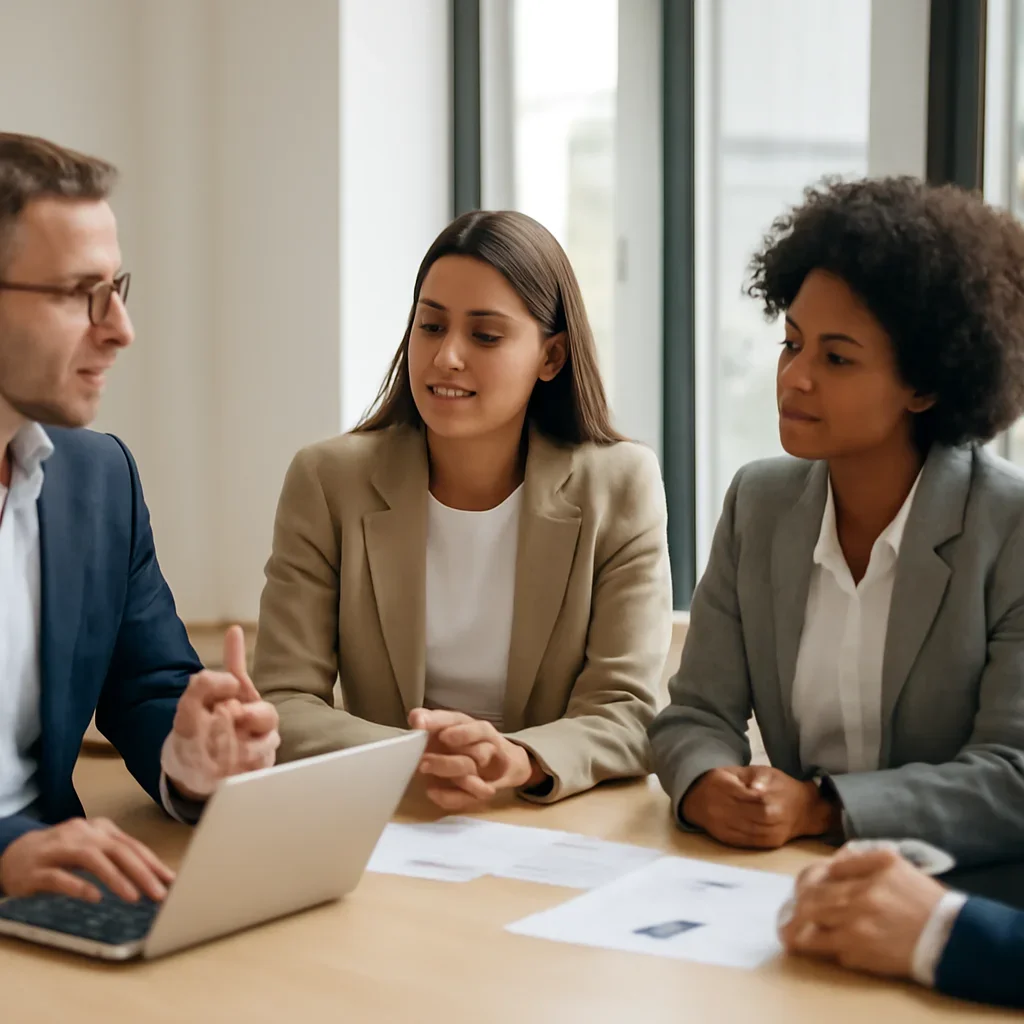 Business team discussing the next step after reading about lead-gen features for realtors and brokerages