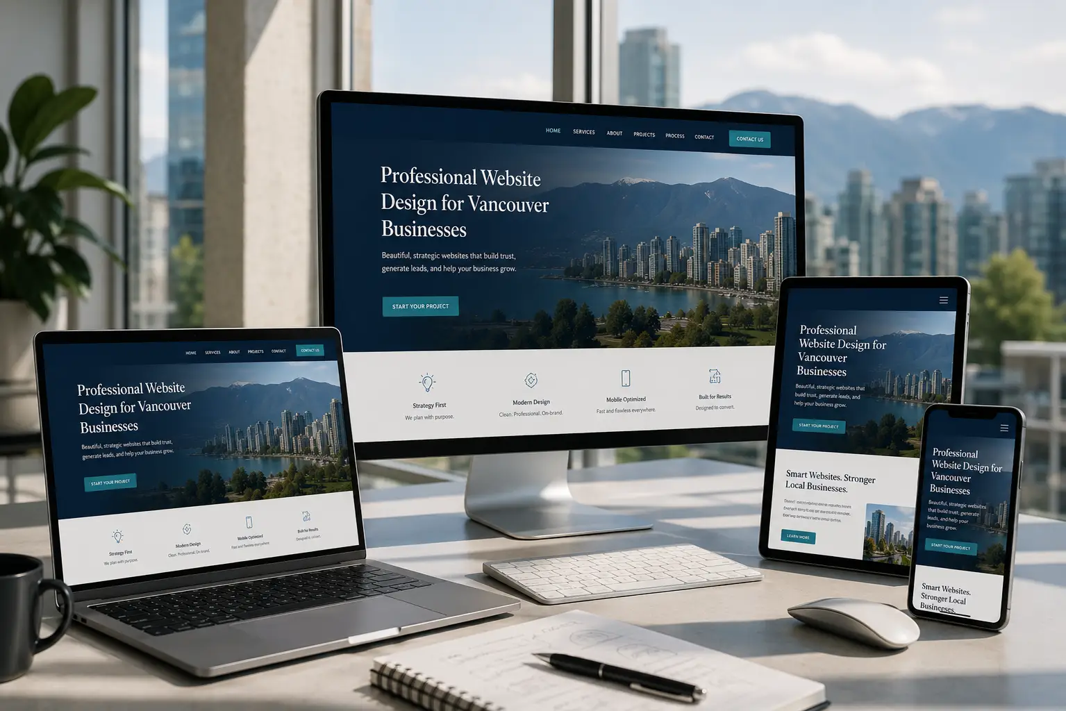 Custom responsive website design displayed across desktop, tablet and mobile screens for a Vancouver business