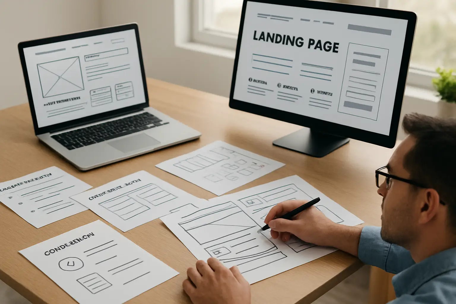 Landing page design process covering planning, content, responsive design and launch review