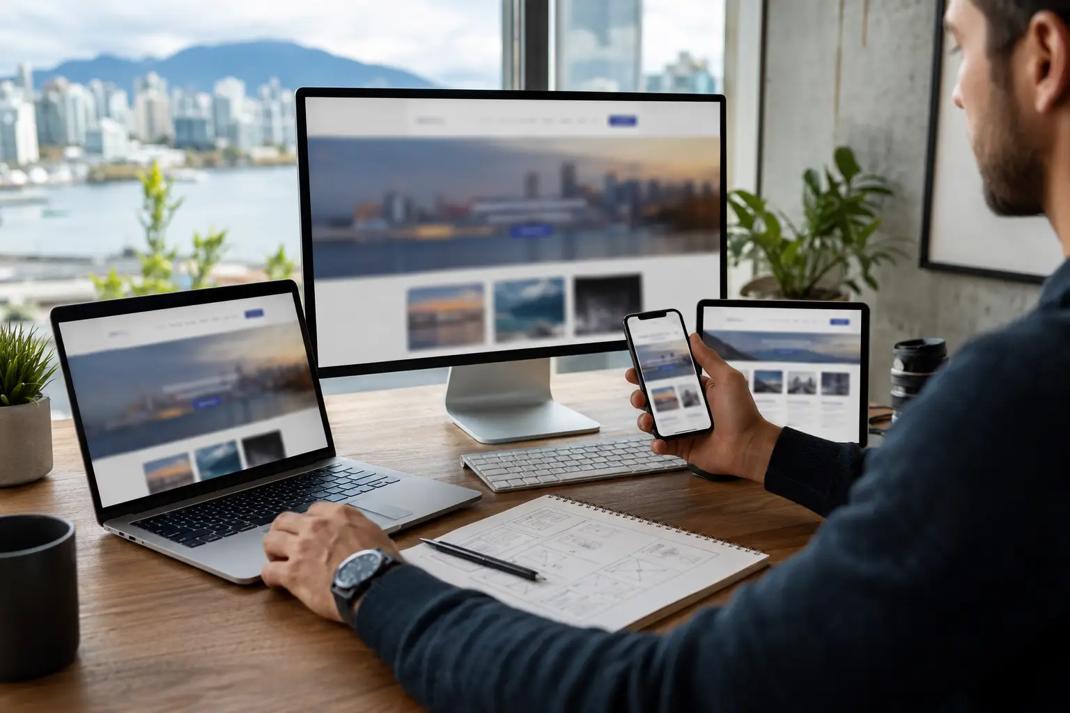 Vancouver small business owner reviewing sitemap, service content, proof and responsive website layouts
