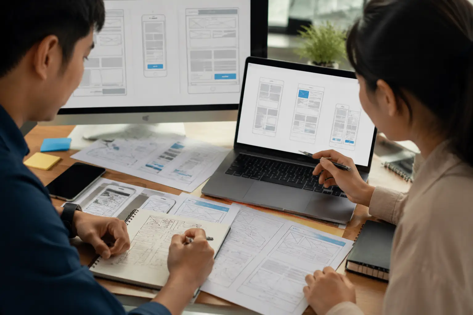 Vancouver web development planning session with responsive layouts, page structure and content notes