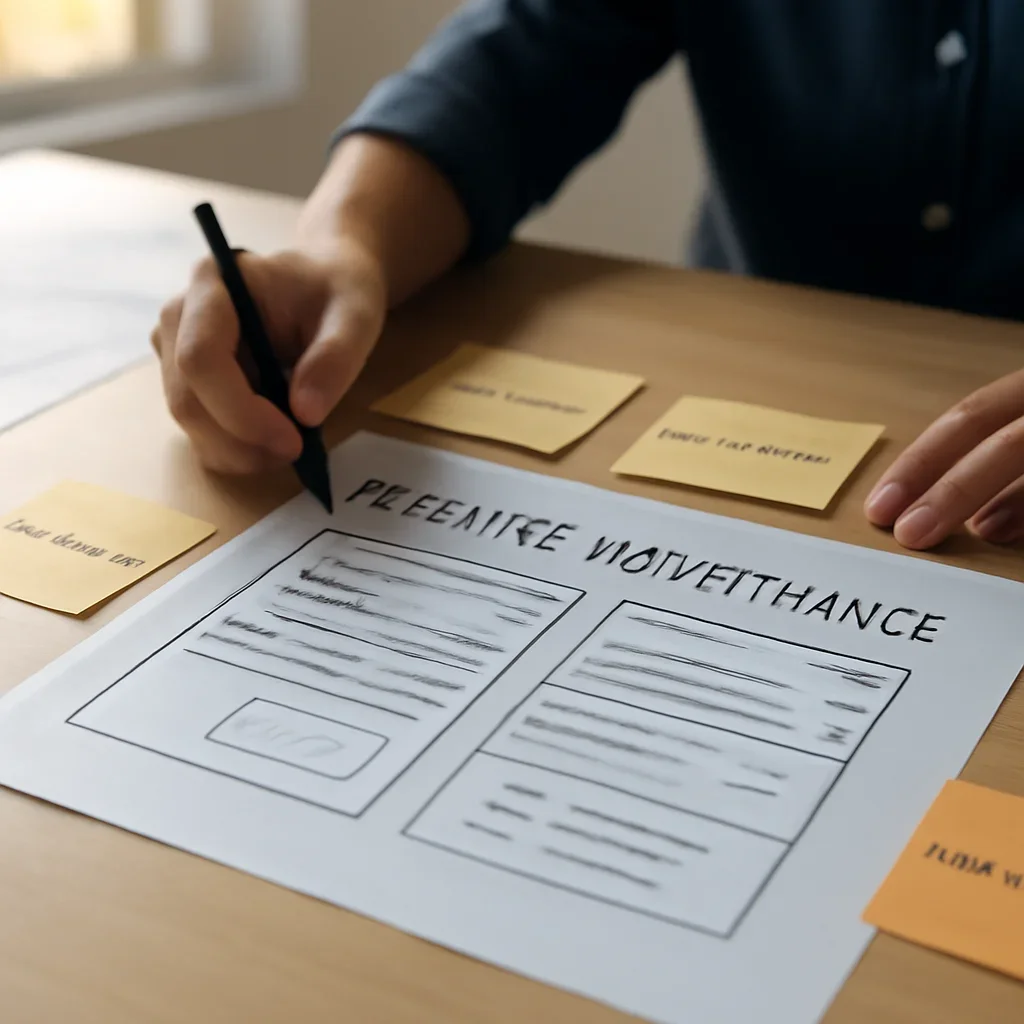 Website maintenance planning with page updates, technical checks and content notes