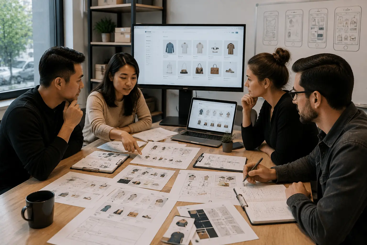 Shopify web design planning with collection structure, product page layouts and ecommerce content notes