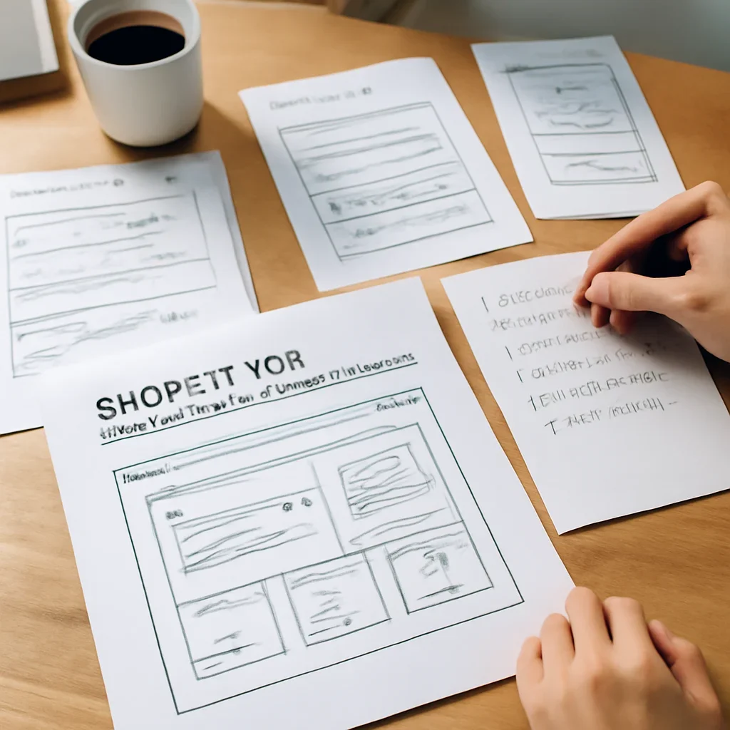 Shopify web design planning with collection structure, product page layouts and ecommerce content notes