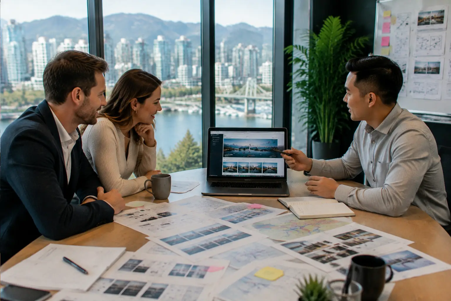 Local business owners discussing a website concept for Metro Vancouver growth