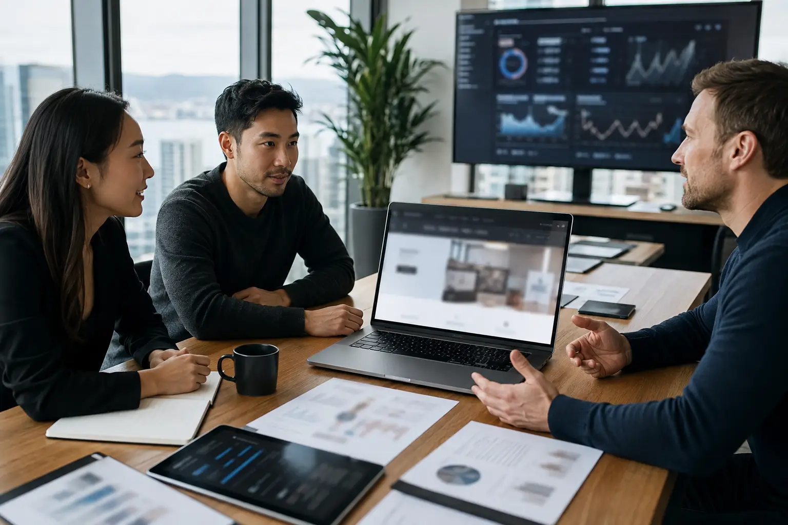 Business website strategy meeting focused on choosing the right solution