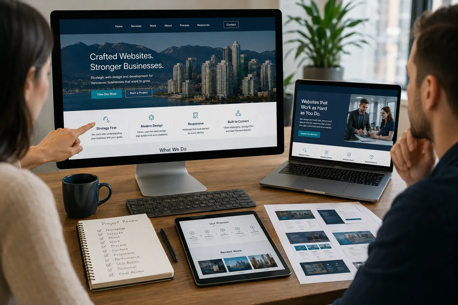 Website project review showing responsive page layouts and content hierarchy for a Vancouver business website