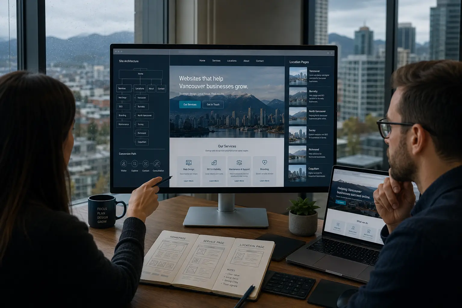 Website design team reviewing Vancouver service pages, location architecture and conversion paths