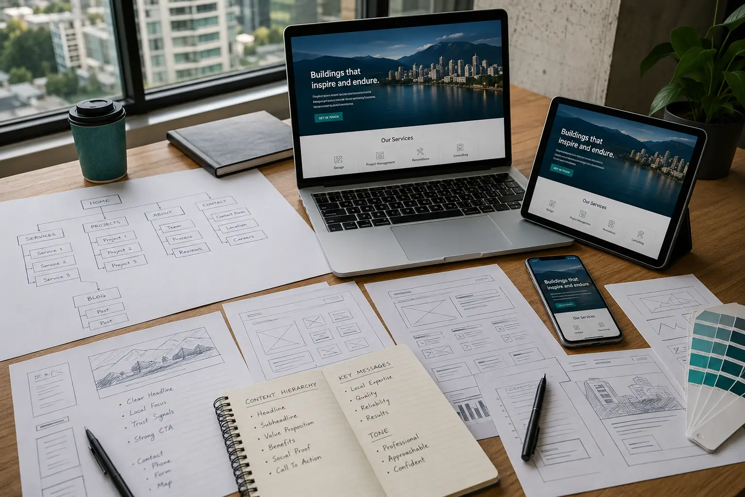 Website design process with sitemap planning, wireframes, content hierarchy and responsive review